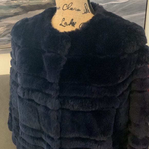 BELLE FARE Designer genuine Rex Rabbit Fur blue jacket coat M 8 $695 Rare - Picture 2 of 14